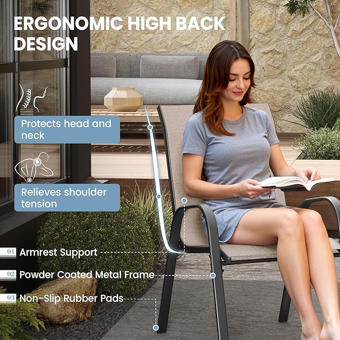 Patio Dining Chairs Set of 4, Stackable Dining Chairs High Back, Breathable Seat Fabric and Alloy Steel Frame for Backyard, Porch, Garden, Sunroom (Light Brown)