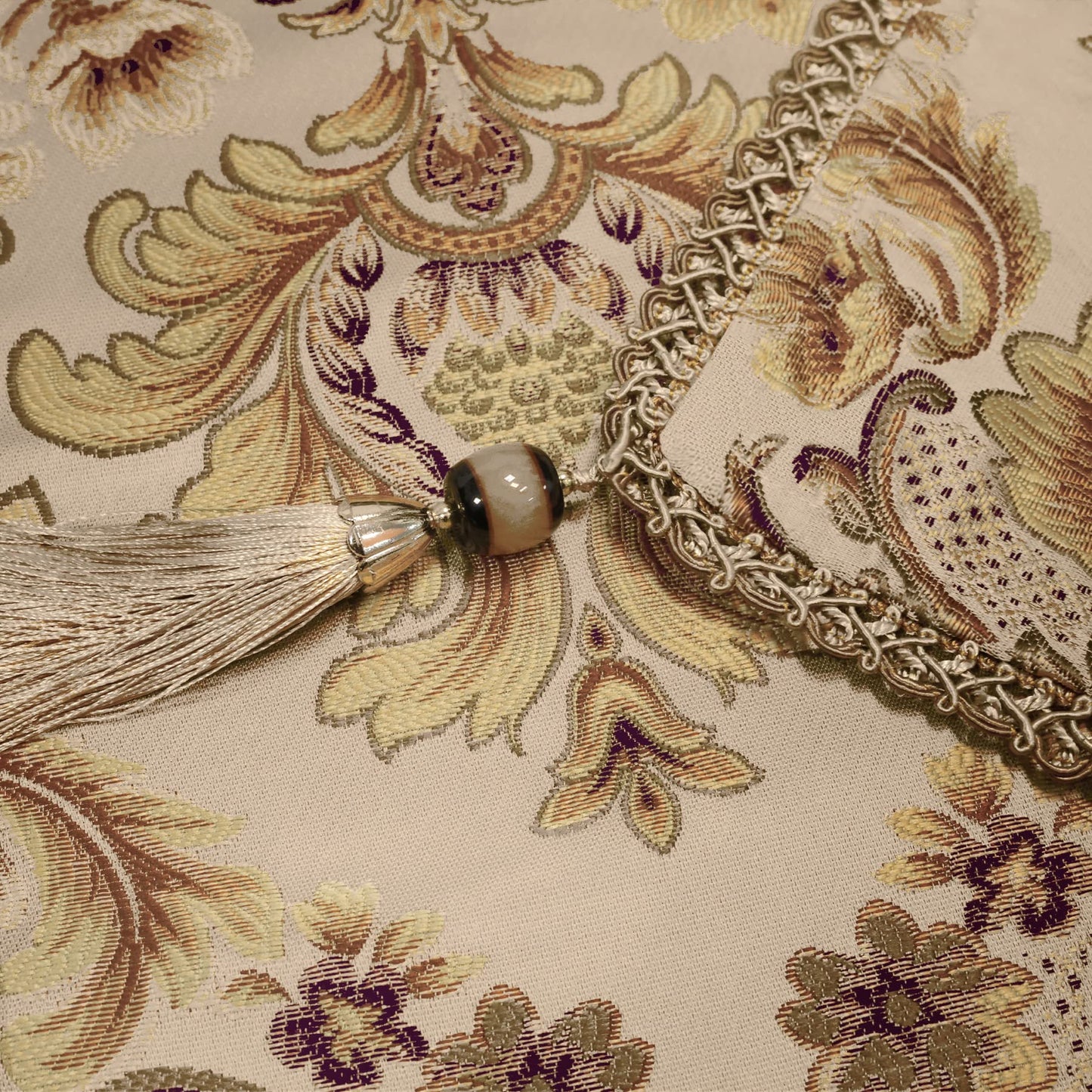 Loom and Mill Luxury Rectangle Tablecloth 60 x 120 Inches, Elegant Damask Golden Floral Table Cover with Handmade Tassels for Dining Table Banquets Decorations(Beige, 60"x120")