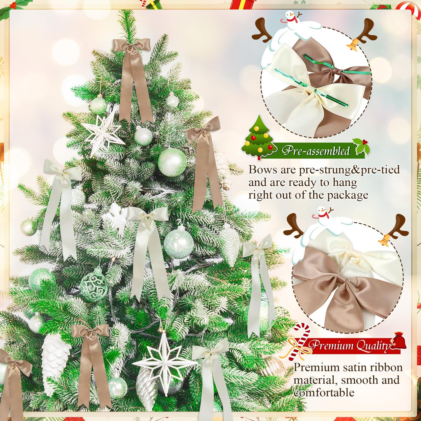 24 Pcs Christmas Tree Bows Decorations - Satin Ribbon Bows for Wreath, Tree Topper, Ornaments, Garland, Home, Staircase, Fireplace Decor