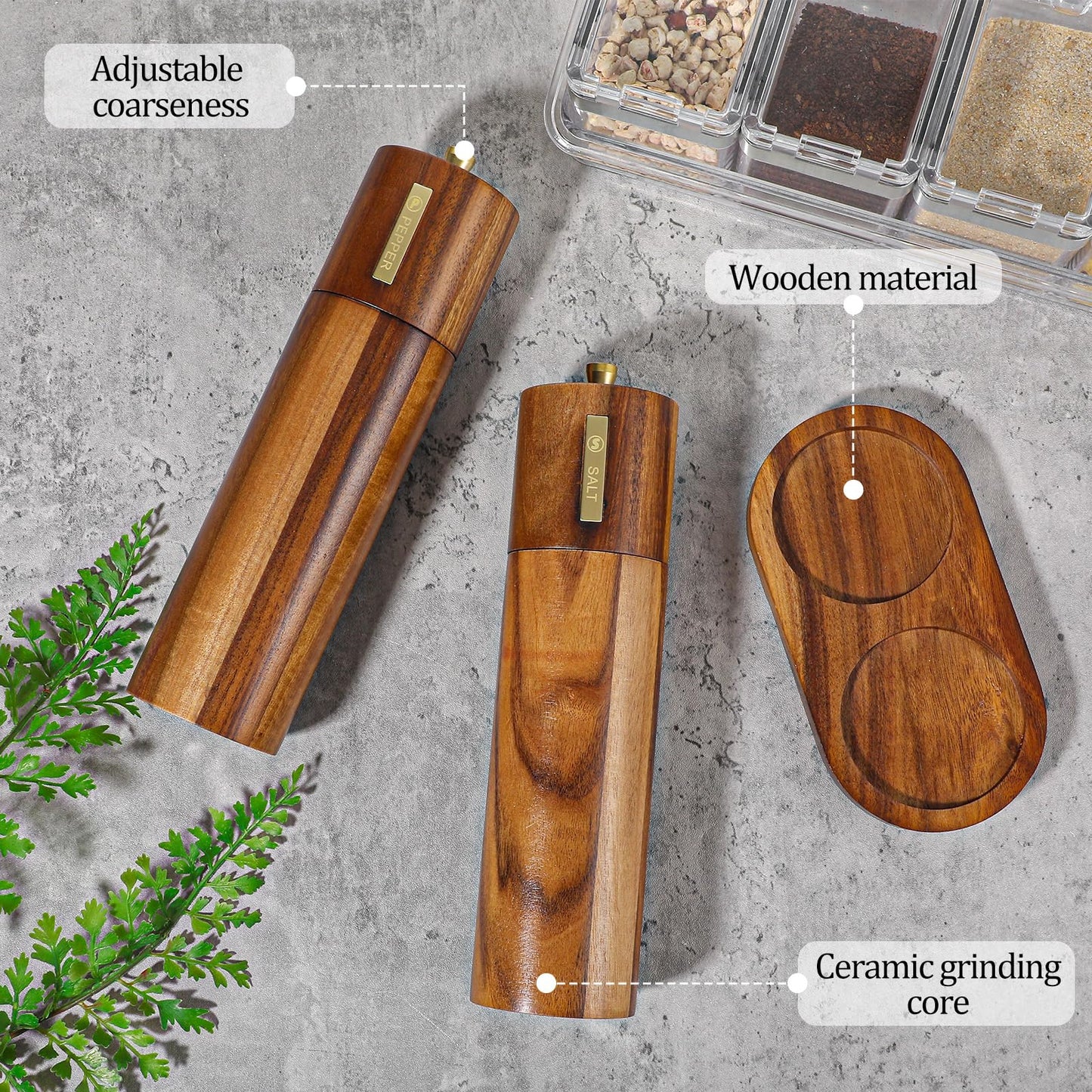 2 Pack Wooden Salt and Pepper Grinder Set,8.46 inch Adjustable Coarseness Manual Salt and Pepper Mill with Brush and Spoon,Acacia Wood Refillable Grinders for Kitchen Christmas Home Gift