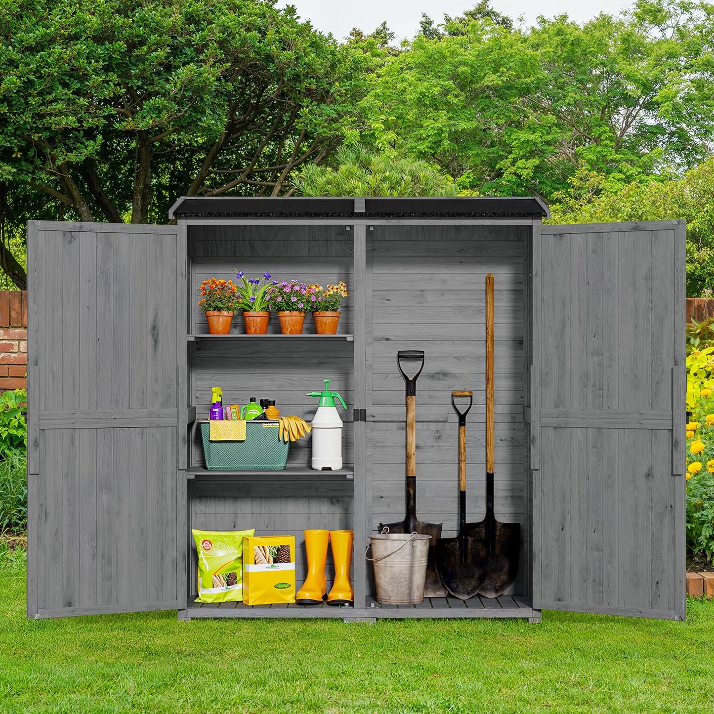 Gizoon Outdoor Storage Cabinet with Waterproof Roof, Double Lockable Doors Garden Shed with 2 Removable Shelves, Wooden Storage Shed with Large Storage Space for Patio, Garden, Backyard, Lawn, Grey