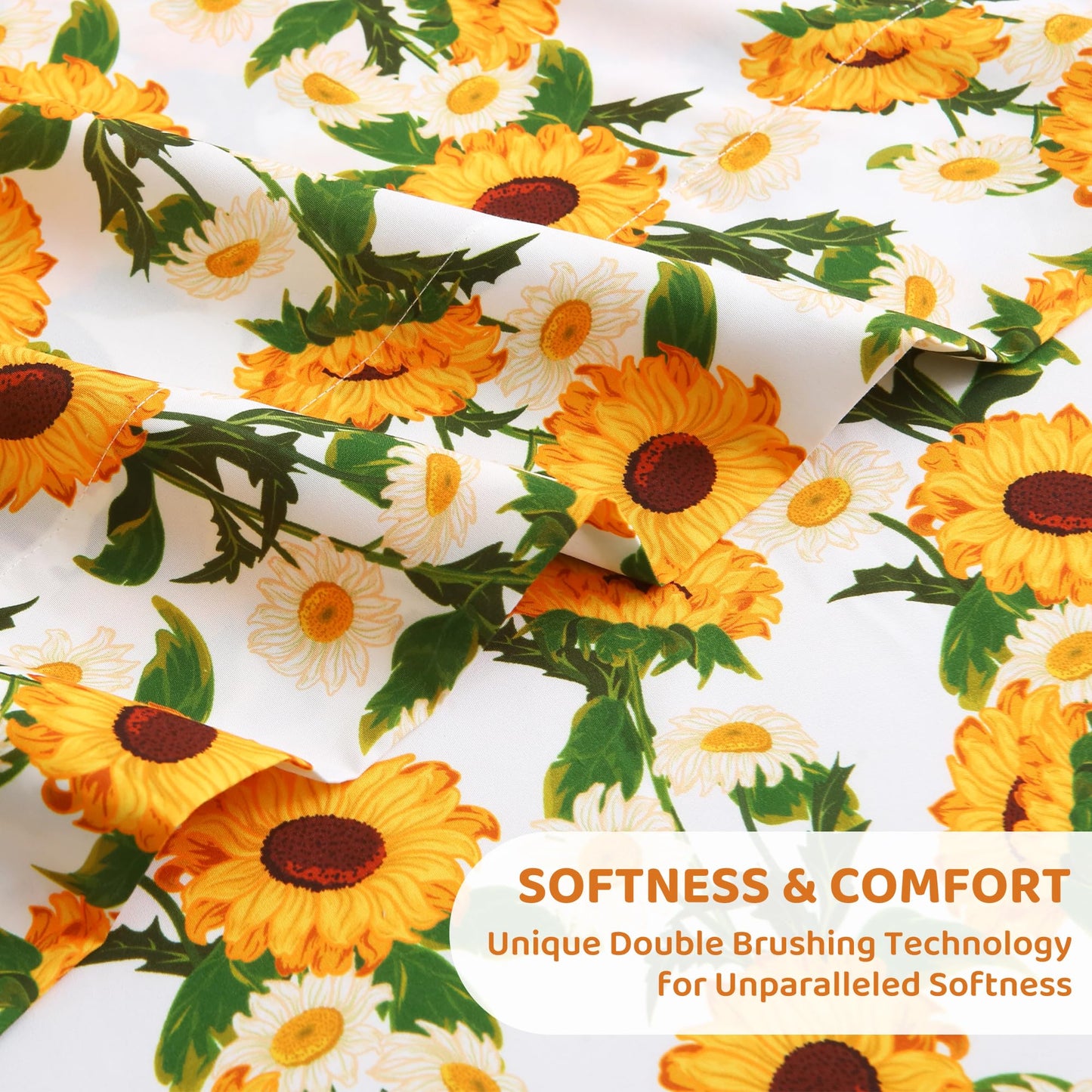 Mooreeke Cozy Vintage Microfiber Printed Floral Queen Sheet Set - Soft & Breathable Yellow Sunflower Bed Sheets with Extra Deep Pocket - Non-Slip Fitted Design - Sunflower Pattern - Queen