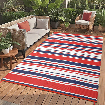 LUXLOOM Outdoor Plastic Straw Rug 9x18 Large Washable Floor Mat Modern Lines Waterproof Rug for Patio Reversible Rugs for Outdoors RV Beach Patio Camping Backyard Deck Picnic Outside Red Navy