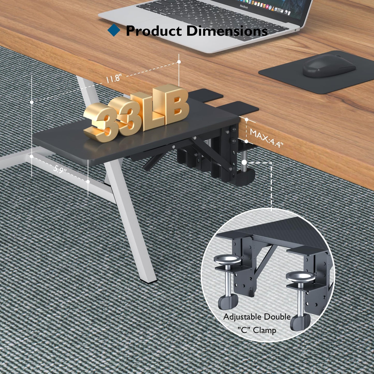 BONTEC Ergonomic Desk Extender Tray, 9.5"x9.1" Table Mount Arm Wrist Rest Shelf, 90° Foldable Elbow Support, Clamp on Computer Arm Rest for Desk, Office & Home Use, Durable & Easy to Install