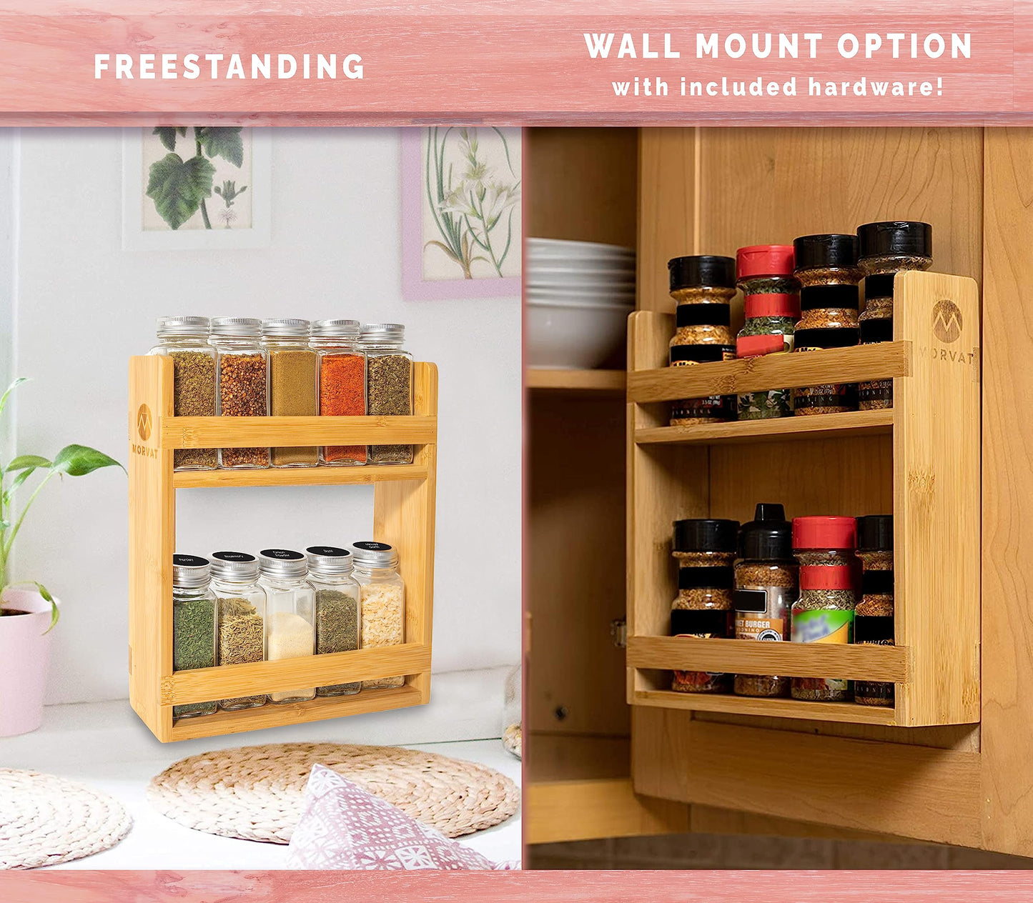 Morvat Bamboo Wooden Spice Jar Rack, 2-Tiered Seasoning Holder Organizer Set with 2 Shelves, Spice Storage Shelf for Kitchen Pantry & Cabinet, Counter or Wall Mount Option with Included Hardware