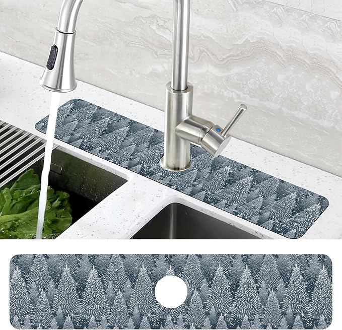 Christmas Forest Sink Faucet Absorbing Mat Pine Spruce Sink Splash Guard Faucet