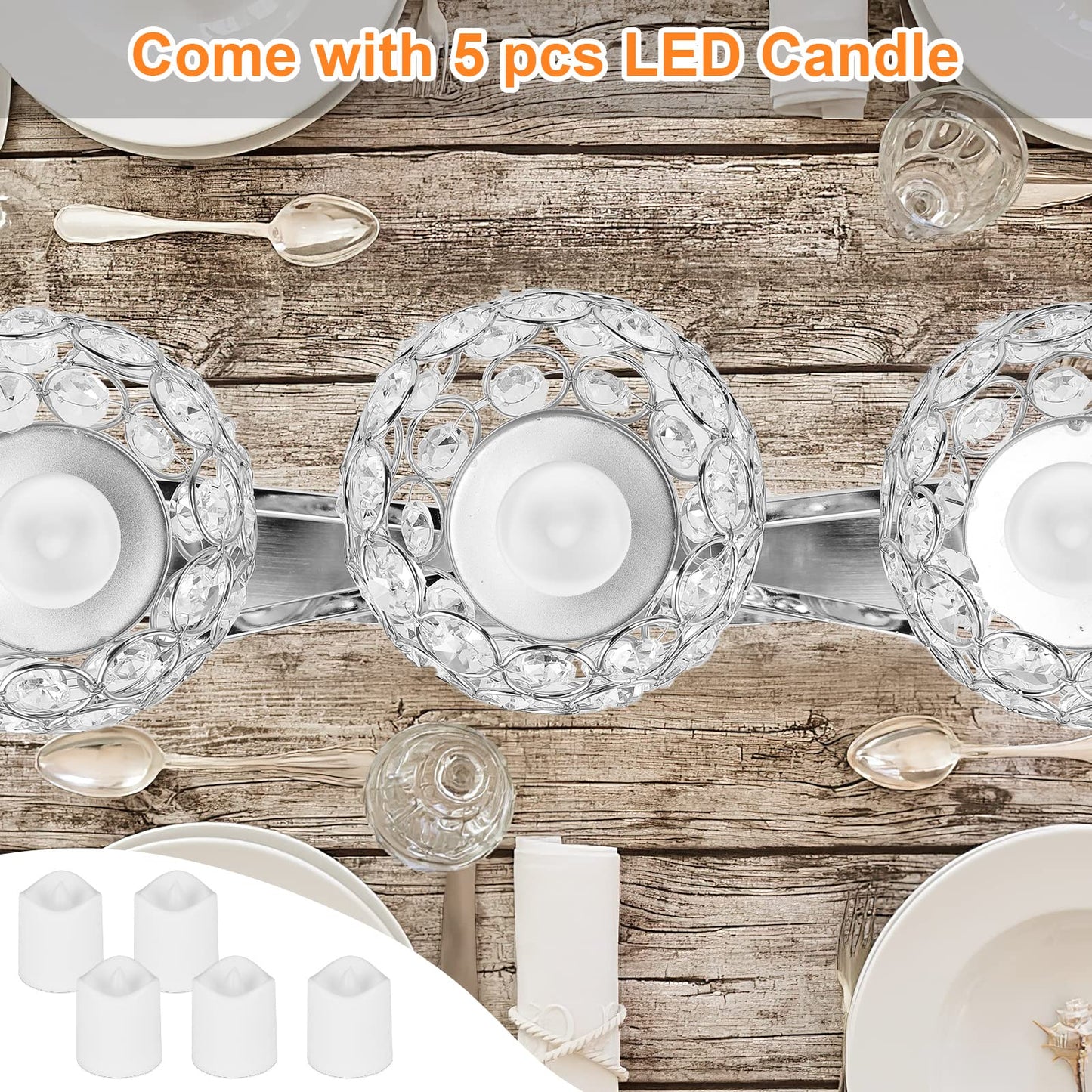 DARCKLE Silver Crystal Candle Holders, Decorative Arch Candelabra Centerpieces for Tables, 3-Arm Candlesticks Holder and 2 Glass Holders, Silver Table Decor for Wedding, Party, Anniversary