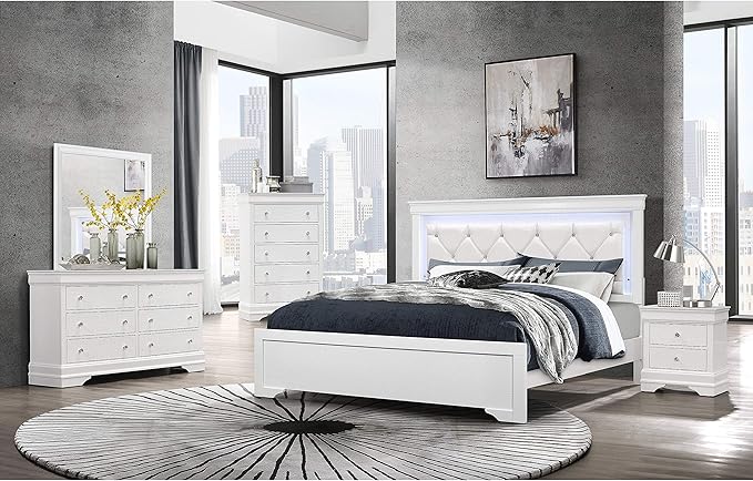 Overstock Global Furniture USA Pompei Metallic White Queen Bed w/LED Light