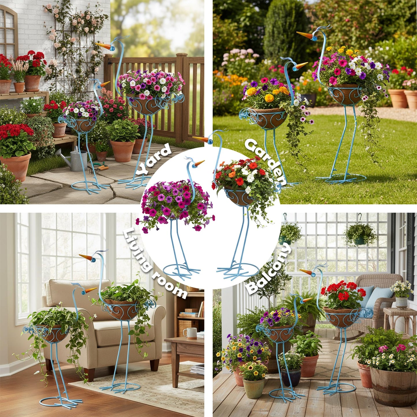 J-Fly 2 Sets Pelican Metal Flowers Plant Holders Stand with Coconut Pots, Plants Stand Indoor Flower Pots Outdoor, Room Home Living Room Front Outdoor Patio Decor, Gardening Valentine Decoration Gifts