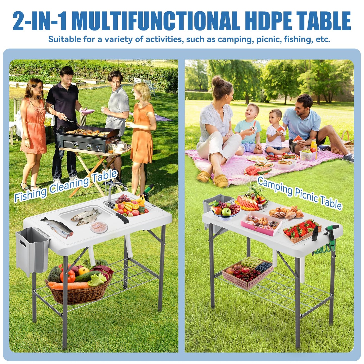 Avocahom Folding Fish Cleaning Table Portable Camping Double Sinks Table w/2 Dual Water Basins, Faucet Drainage Hose & Sprayer Outdoor Fish Fillet Cleaning Station w/Knife, Storage Box,Black