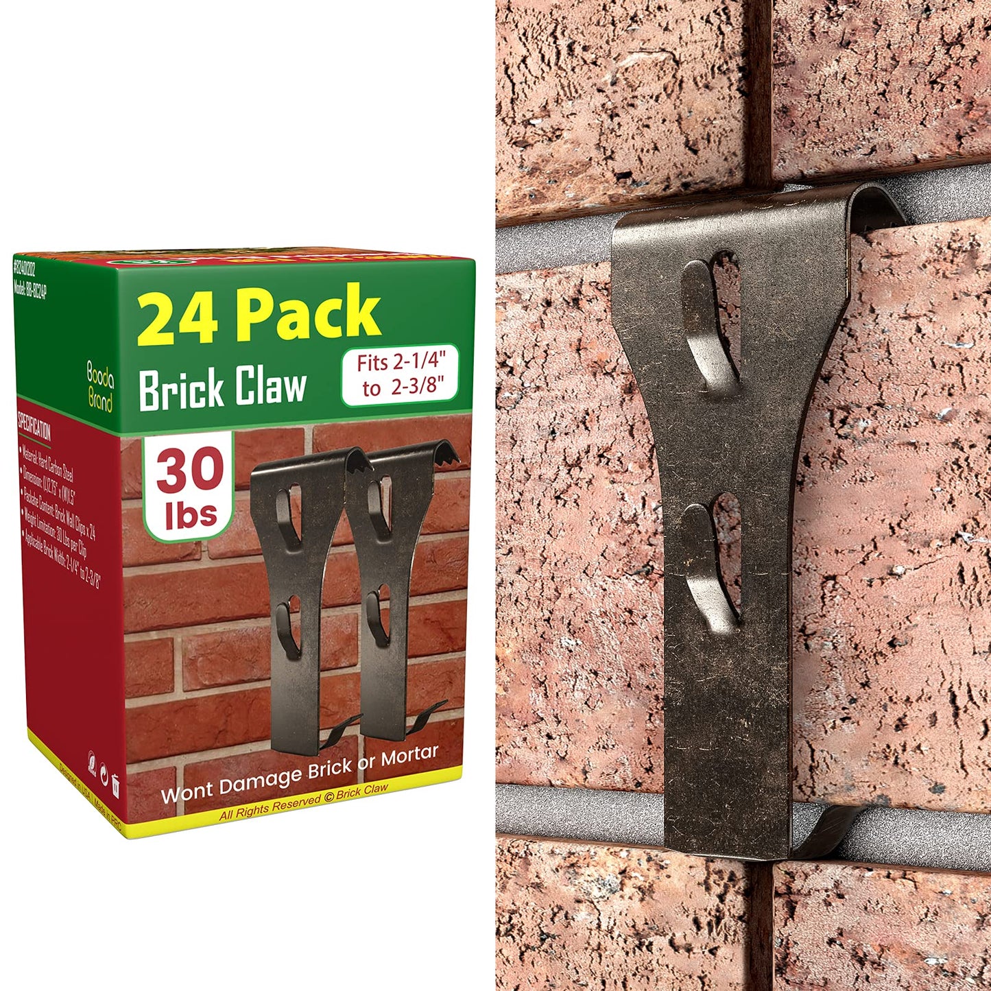 Brick Hook Clips for Hanging Outdoors, Brick Hangers for Brick Wall Hanging No Drill and Nails, Heavy Duty Brick Siding Clips Wall Hangers Fits Standard Brick 2-1/4" to 2-3/8" in Height (24, Standard)