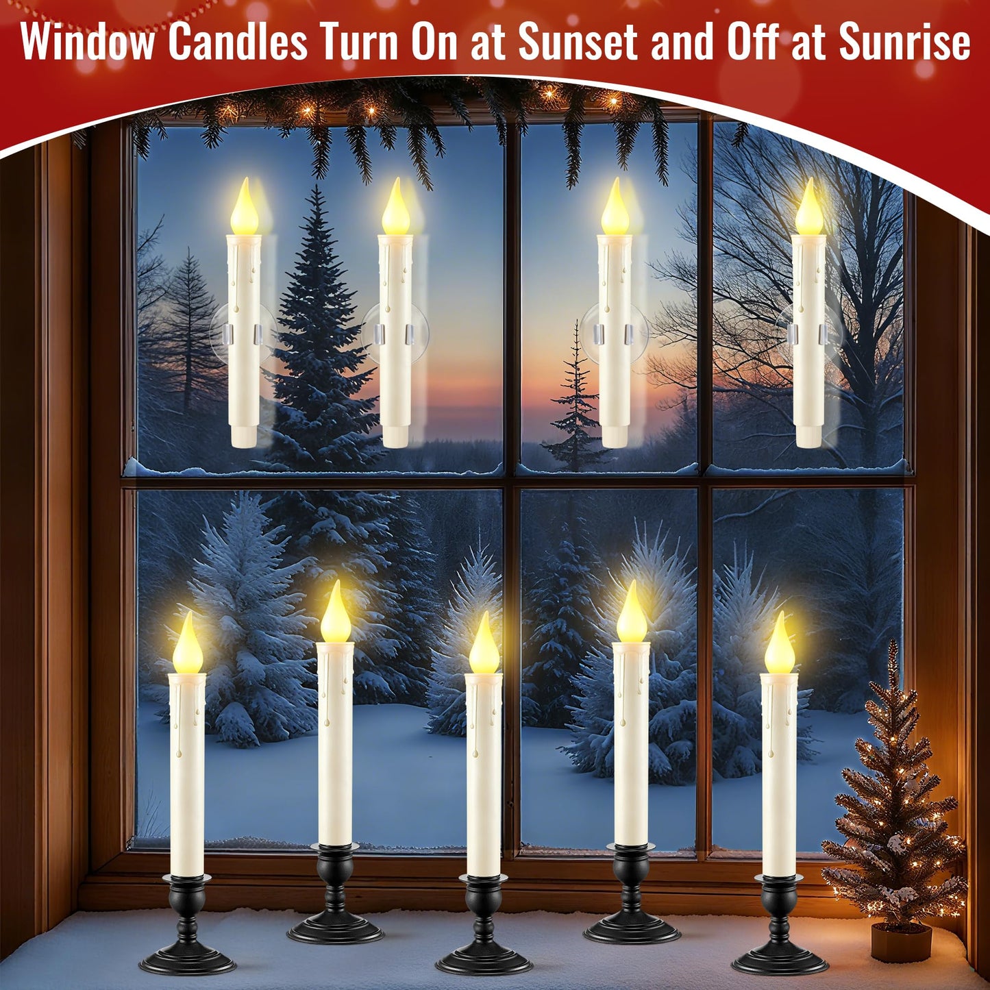 6 Pack Battery Operated Window Candles with Sensor Dusk to Dawn, Ivory Flameless Taper Candlesticks with Removable Black Base & Suction Cups, LED Candlestick for Christmas Decor Home, 12 AA Batteries