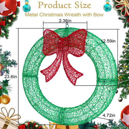 24" Pre-Lit Outdoor Christmas Wreath with 140 LED Lights and Bow, Lighted Metal Christmas Wreath Decoration with Timer Function for Xmas Home Wall Front Door Window Garage (Golden/Red, 24in)