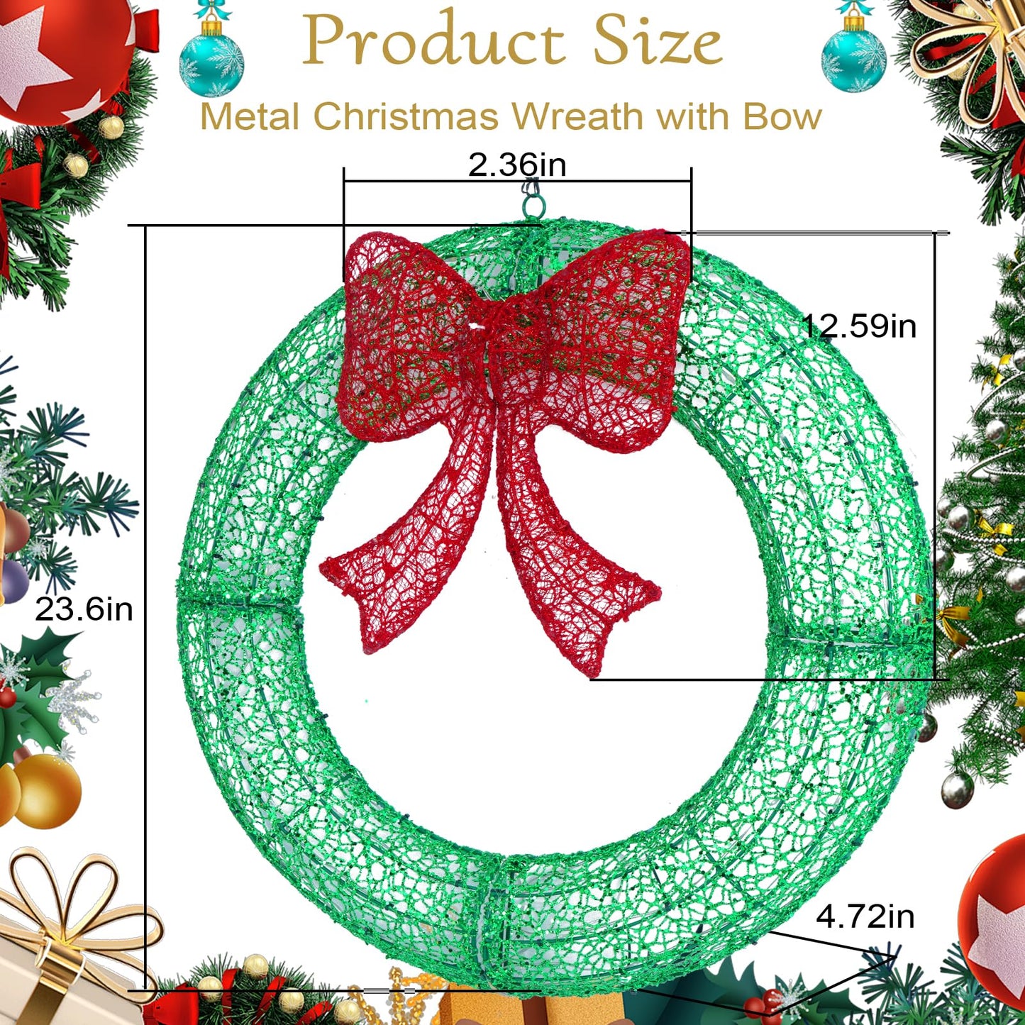 24" Pre-Lit Outdoor Christmas Wreath with 140 LED Lights and Bow, Lighted Metal Christmas Wreath Decoration with Timer Function for Xmas Home Wall Front Door Window Garage (Green/Red, 24in)