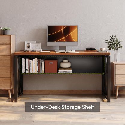 LITTLE TREE 55-Inch Executive Office Desk, Large Computer Desk with Storage Shelf, Executive Desk with Metal Frame, Thickened Desktop, Study Writing Desk Work Station for Home Office, Walnut Black