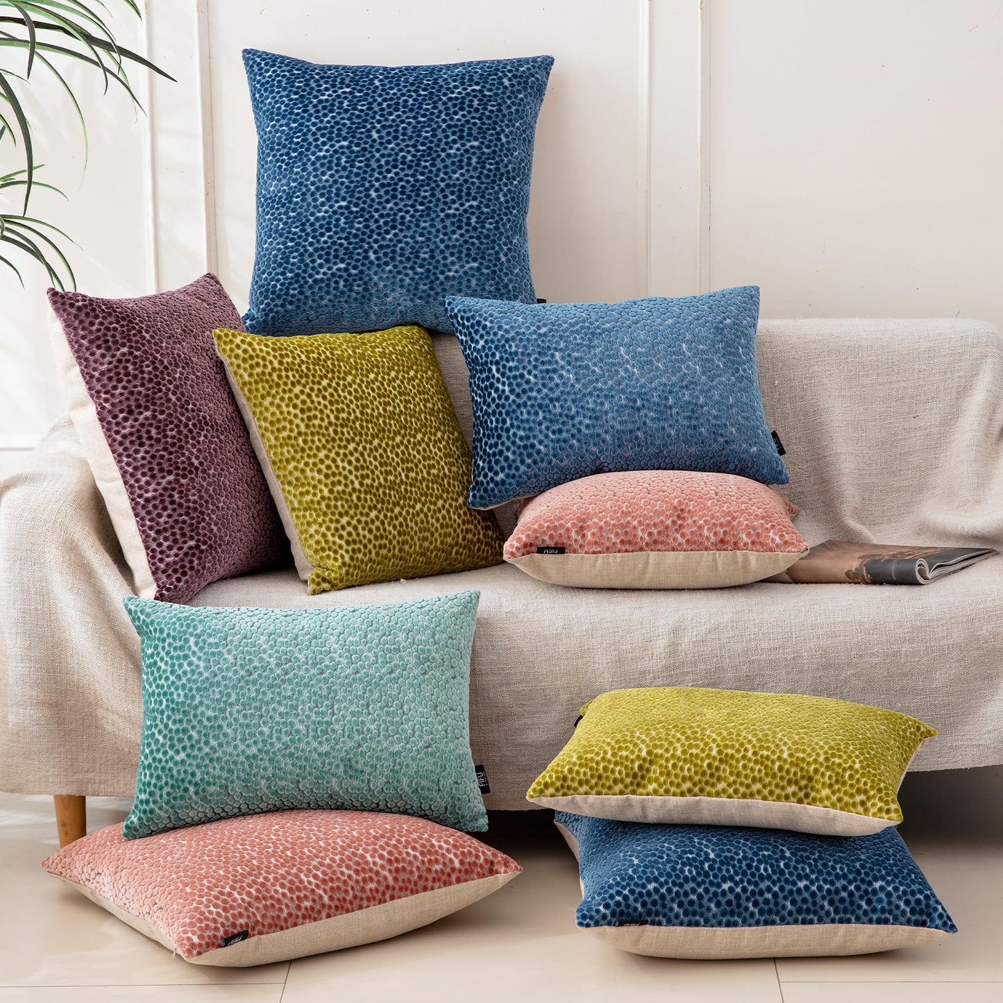 FIFU 18x18 Inch Throw Pillow Cover Set of 2 - Jacquard Velvet Cut-Pile with Linen-Look Back, Invisible Zipper, Soft Decorative Cushion Case for Couch Sofa Bedroom Living Room, Machine Washable, Olive