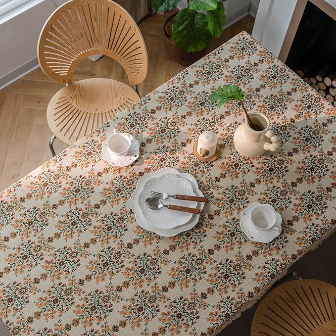 VClife Beige Floral Print Table Cloth, Linen Texture Tablecloth