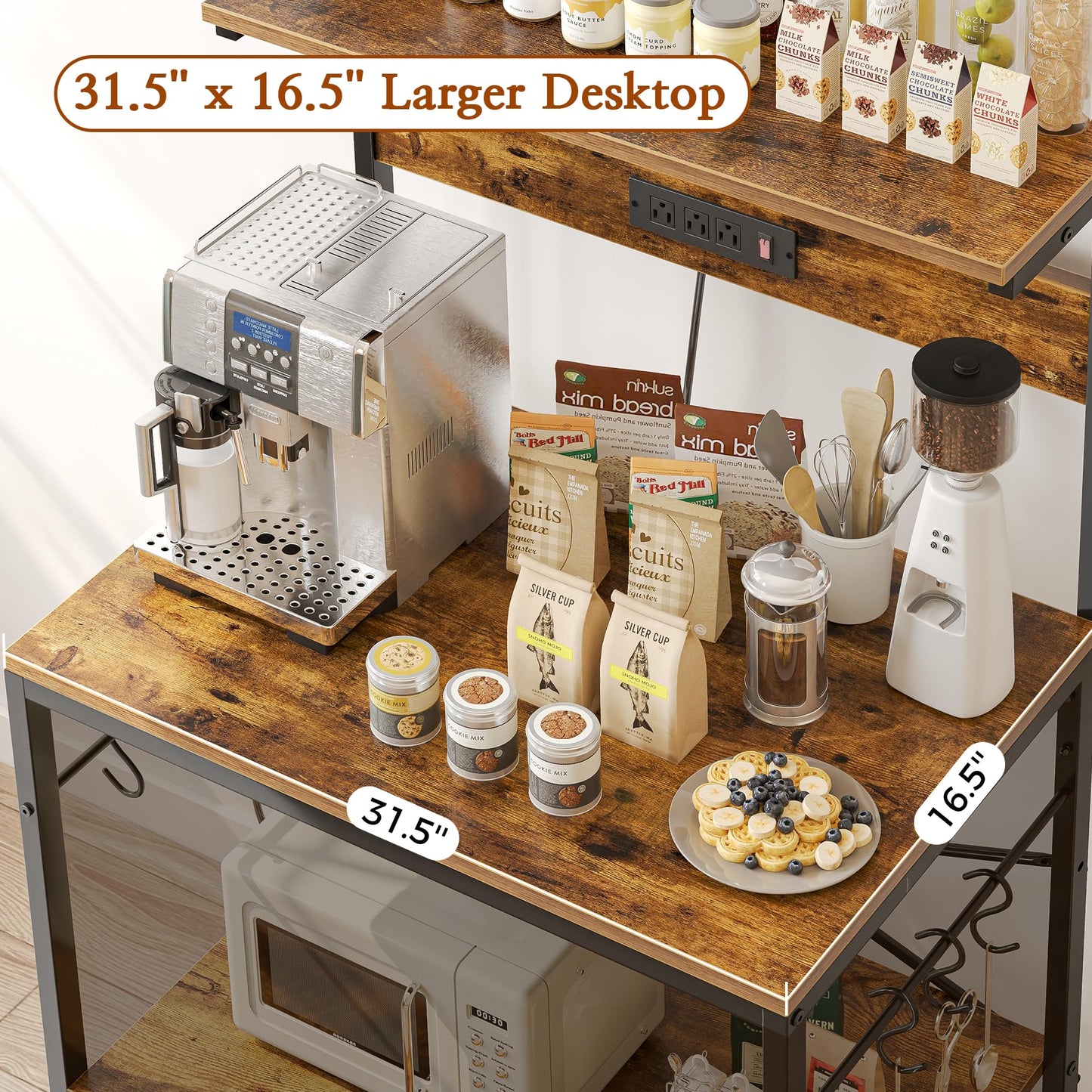 SUPERJARE Kitchen Bakers Rack with Power Outlet, Coffee Bar Table 4 Tiers, Kitchen Microwave Stand with 6 S-shaped Hooks, Storage Shelf Rack for Spices, Pots and Pans - Rustic Brown