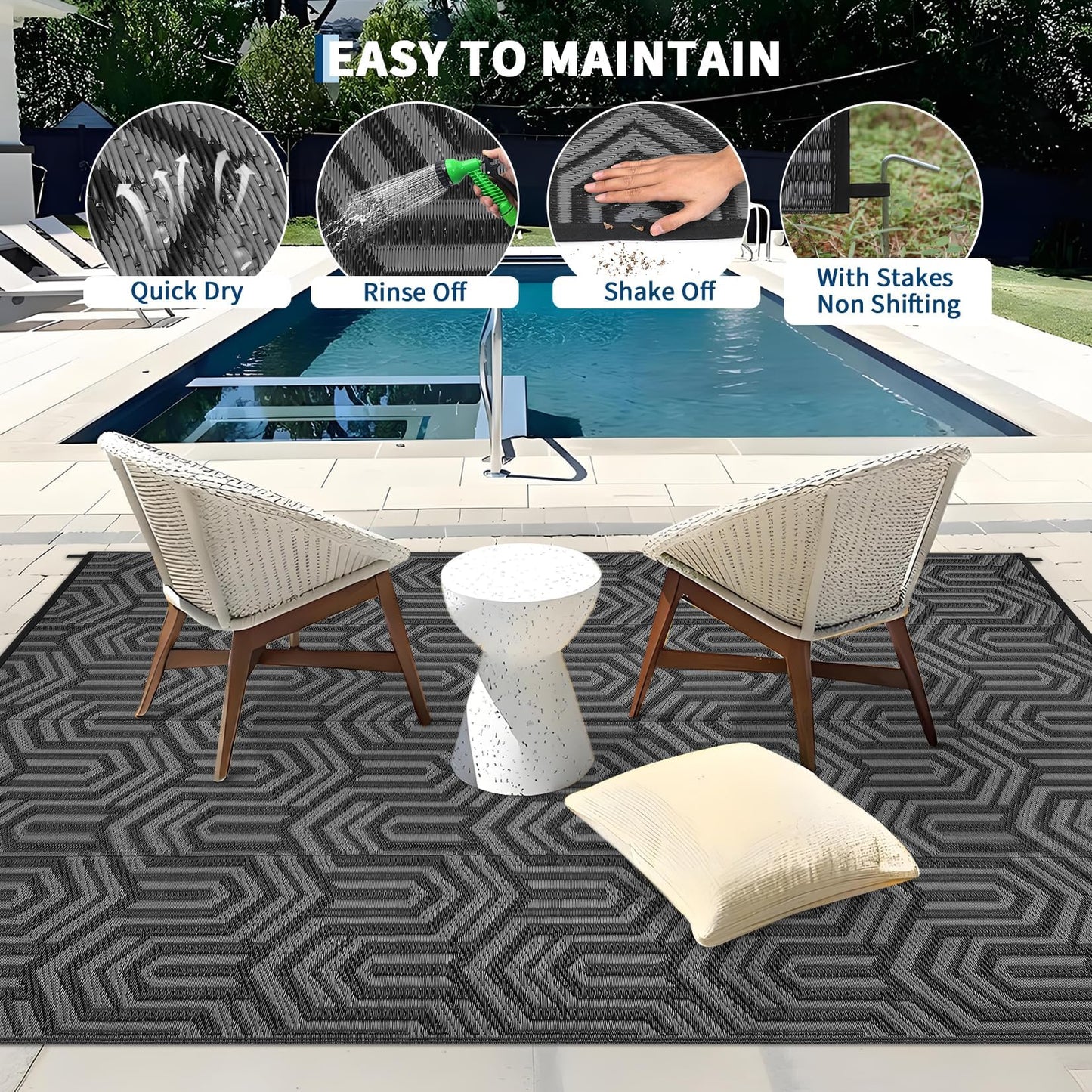 GAOMON 10'x14' Outdoor Rug Waterproof, Reversible Plastic Straw Rug for Poolside, Gazebo, Outdoor Dining Area, Backyard Party – UV Resistant, Heavy Duty, Easy Clean for High Traffic Areas, Black&Grey