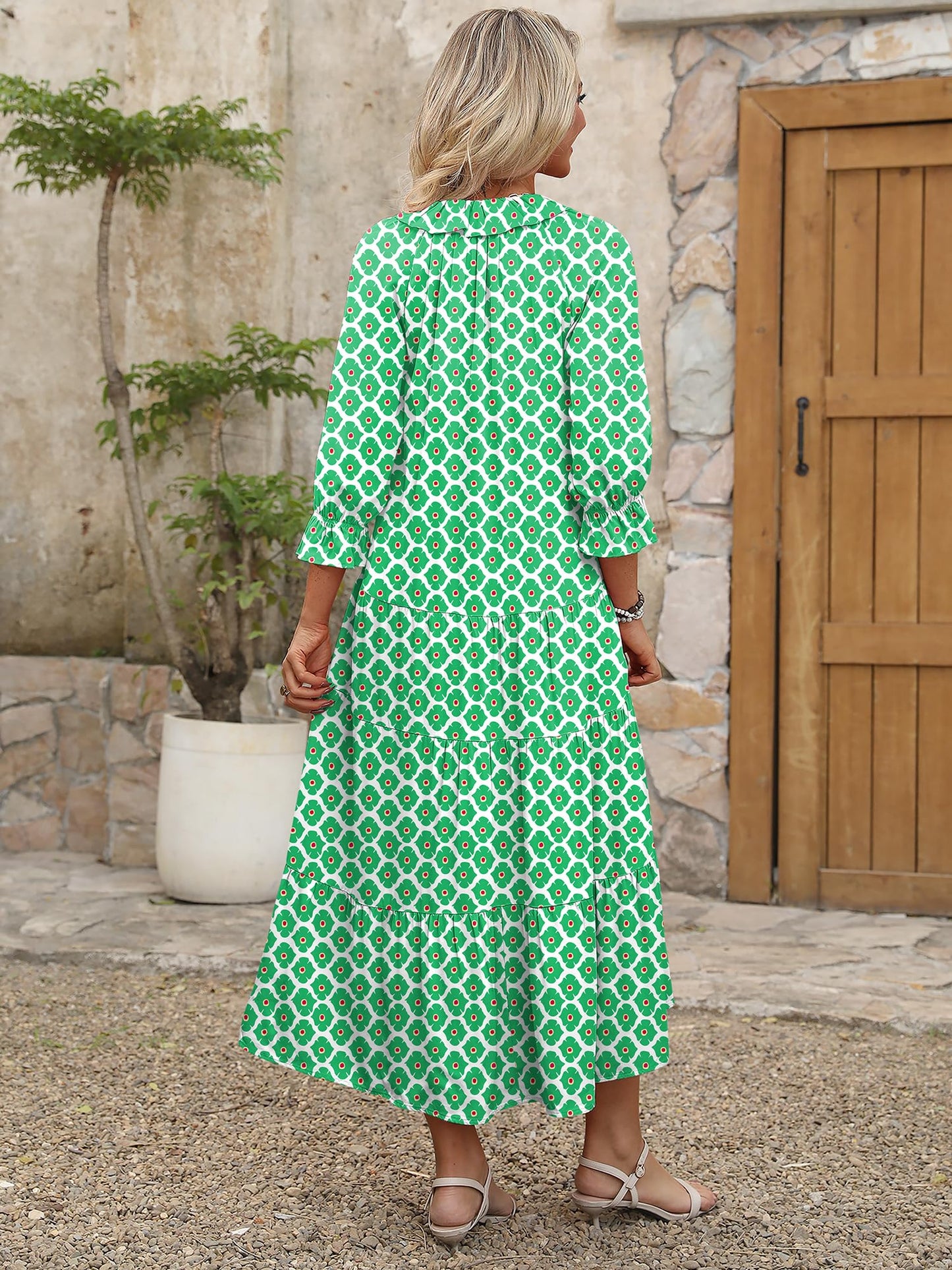 ANRABESS Women's Boho Maxi Dresses 2025 Summer Casual V Neck Puff Sleeve Floral Tiered Flowy Swing Beach Vacation Long Dress