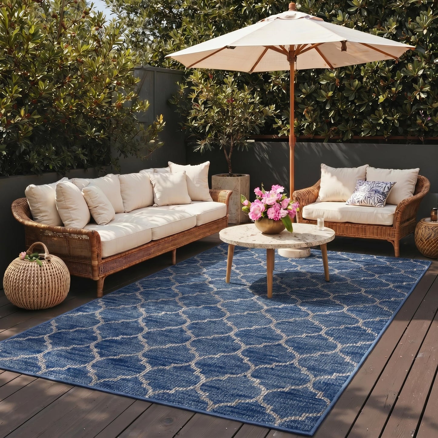 GENIMO Indoor Outdoor Area Rug 6X9, Non-Shedding, Machine Washable Mat for Patio, Balcony, Deck, Blue White