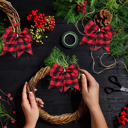 Syhood 20 Pieces Christmas Plaid Bows Ornaments Buffalo Plaid Burlap Bows for Christmas Wreaths Gift Wrapping Tree Crafts DIY Home Party Indoor Outdoor Decoration Supplies (Black and Red)