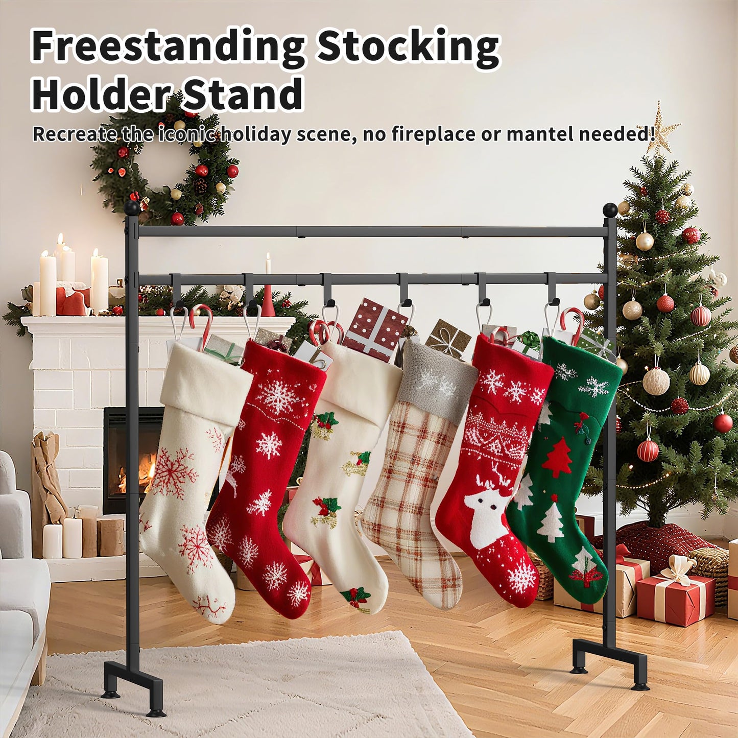 Livilord Christmas Stocking Holder Stand with 8 Hook, Heavy Duty Freestanding Christmas Stocking Stand for Floor, Metal Holiday Decor Hanger Display for Fireplace Xmas Holiday Decoration
