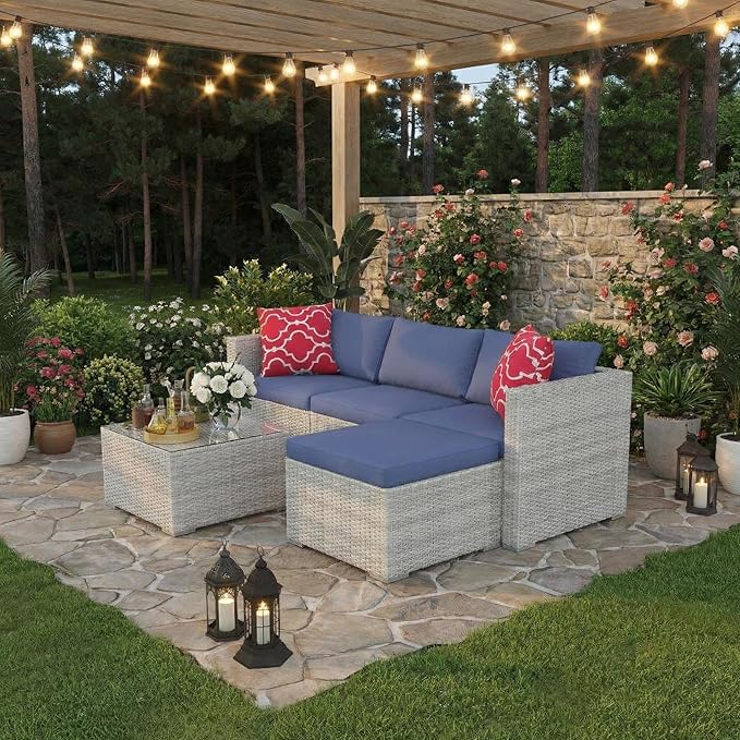 5-Piece L-Shaped Outdoor Patio Furniture Set, PE Wicker Sectional Sofa Set
