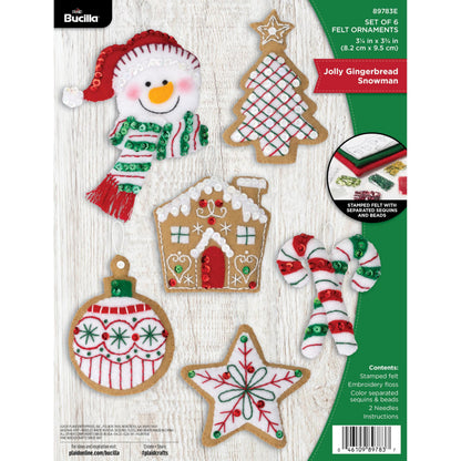 Bucilla Felt Applique 6 Piece Ornament Making Kit, Jolly Gingerbread Snowman, Perfect for DIY Arts and Crafts Projects