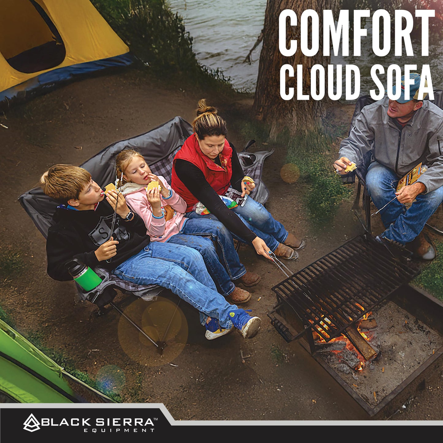 Black Sierra Double Loveseat Comfort Camping Couch, Oversized Folding Chair for Adults, 600‑lb Capacity, Plush Padded Heavy Duty Outdoor Seat with Cup Holders & Carry Bag for Beach, RV