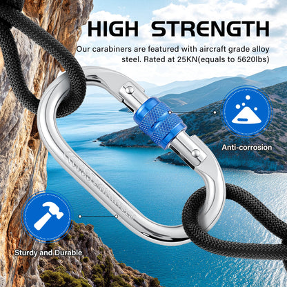 Hopeseily Heavy Duty Climbing Carabiner, Rated 25kN(5620lbs), Screw Locking Carabiner Clip, Oval Shape Carabiner for Rappelling, Hammocks, Aerial Work, Rigging, Rescue, Arborist(2pack, Blue)