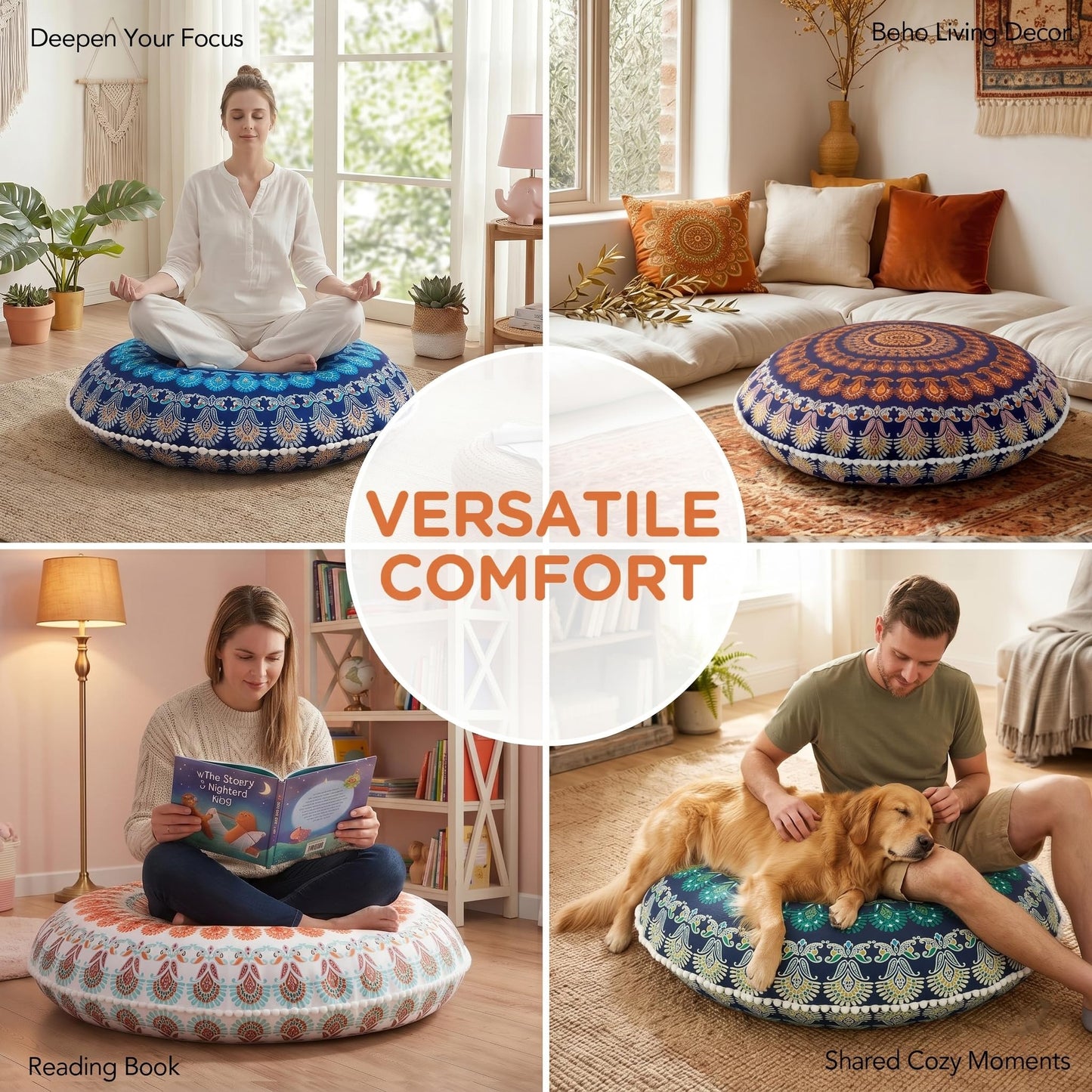 Codi Floor Pillows for Sitting Set of 2, Large Meditation Cushions for Adults with Memory Foam, Bohemian Mandala Round Seating for Outdoor Yoga and Living Room, Washable, 32 Inch, Yellow