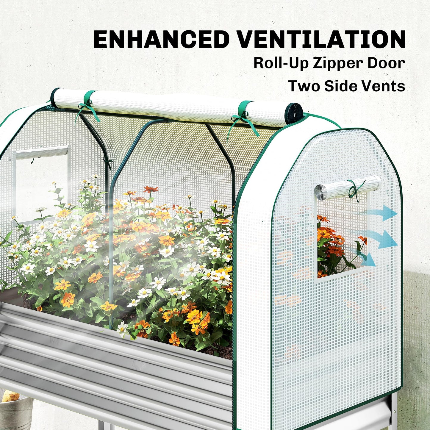 Outsunny Galvanised Raised Garden Bed with Greenhouse Cover, Metal Elevated Garden Bed with Legs, Bed Liner and Bottom Shelf, Outdoor Raised Planter Box for Vegetables, Herbs, Flowers, Silver