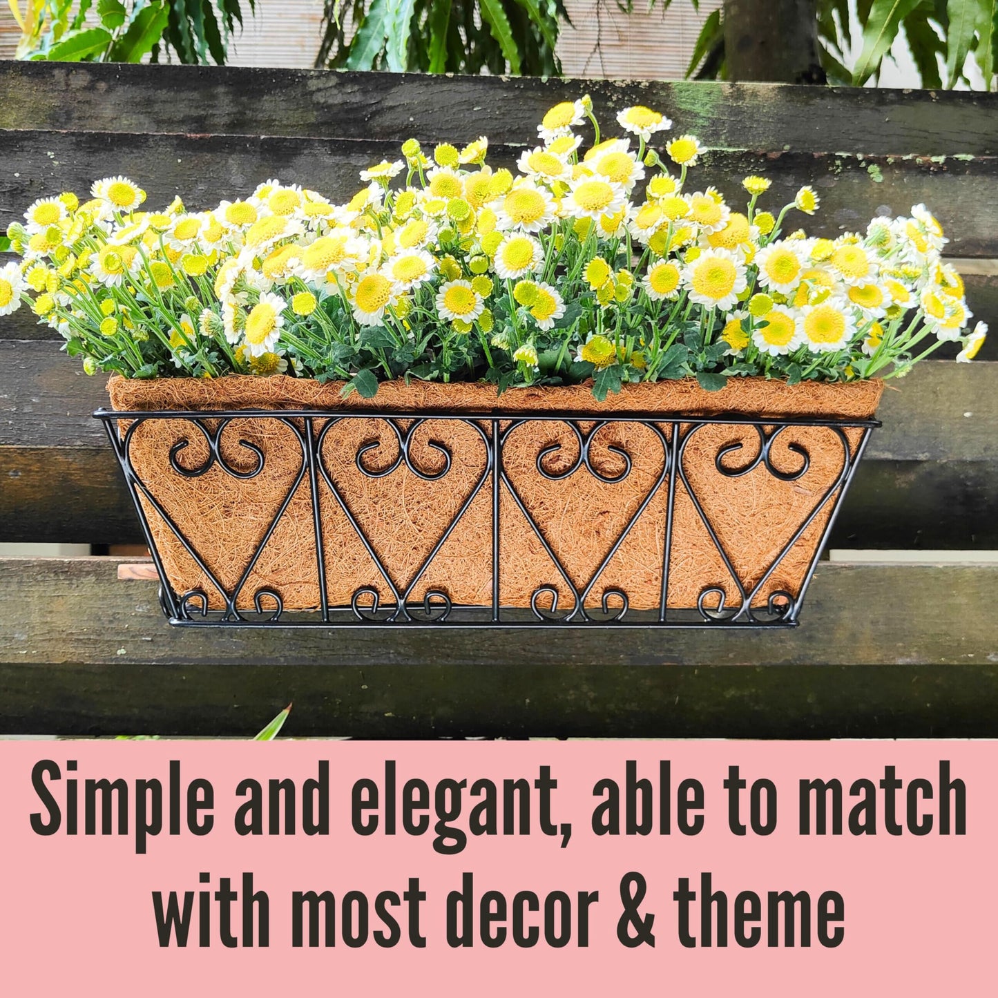 LaLaGreen Wal Planters - 4 Pack, 16 Inch Deck Railing Hanging Basket, Window Flower Boxes Outdoor Black Metal Plant Pot Holder Coco Liner Fence Planter Balcony Garden Patio Porch Farmhouse Boho Decor