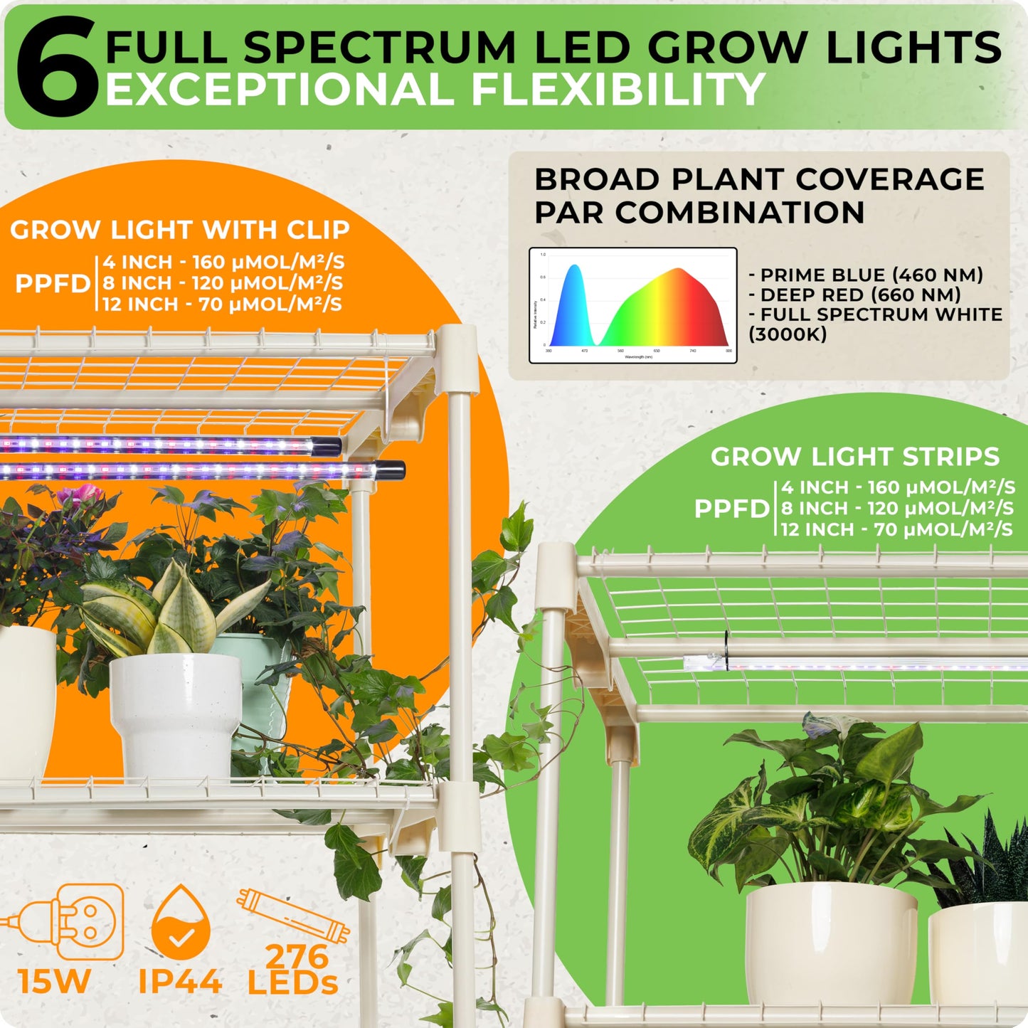 Carpathen Indoor Greenhouse with Grow Lights and 60 Nursery Pots Pack - 4 Tiers 27.2" L x 19.3" W x 54" H with 1 Dimmable 15W Full Spectrum LED Light Strip and 1 Gooseneck Plant Lamp Clip-on