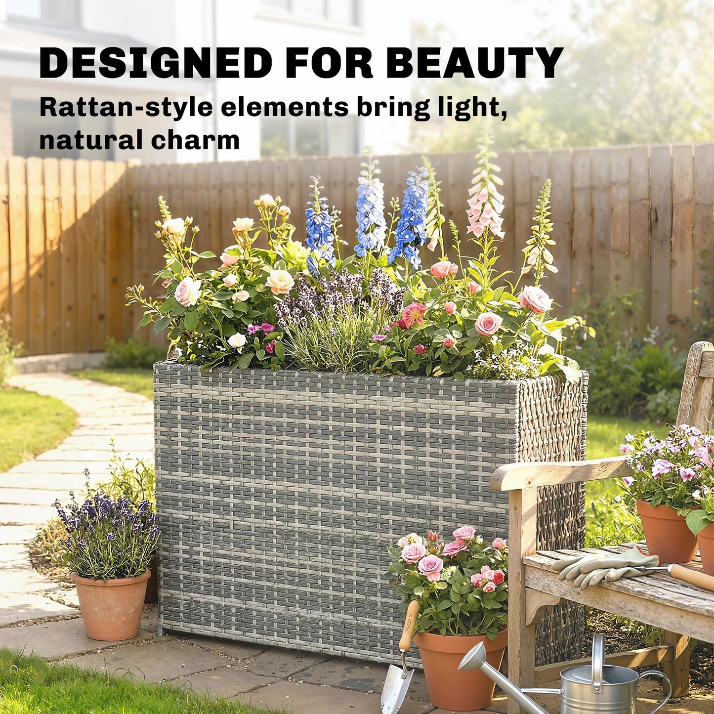 Outsunny Tall Rectangular Planter with Removable Liner, PE Wicker Large Planters for Outdoor Plants, Freestanding Indoor Outdoor Planter Box with Drainage Holes for Flowers, Vegetables, Gray