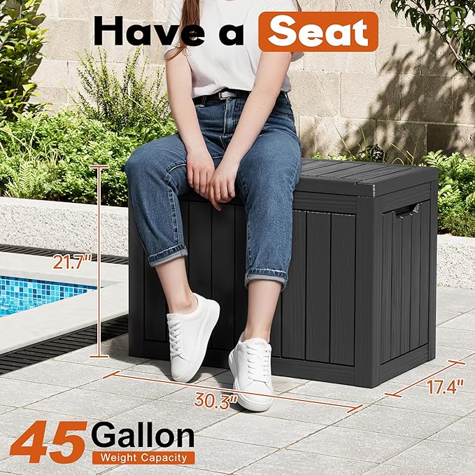 Outdoor Storage Box, Resin Deck Boxes Indoor and outdoor, Waterproof Storage Box Lockable Lid (Black, 45 Gallon)