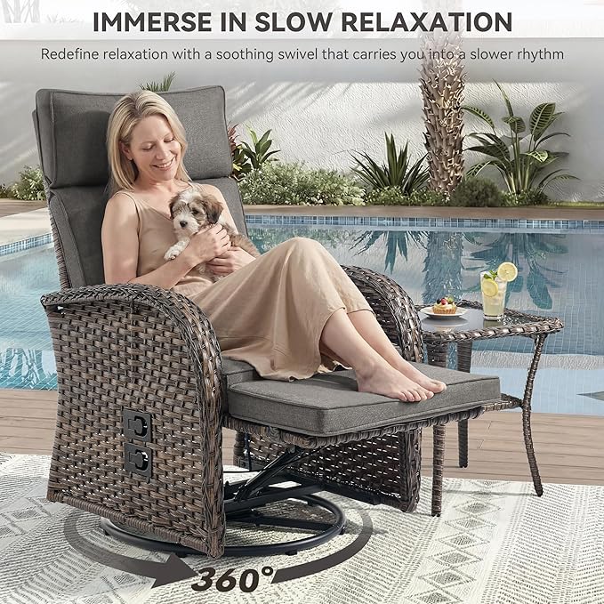 3 Pieces Zero Gravity Patio Swivel Rocking Recliner Chairs Set of 2 - Wicker Outdoor Lounge Chair with Side Table, Adjustable Backrest & Footrest, High Back Outdoor Recliner Chair for Pool Deck Gray