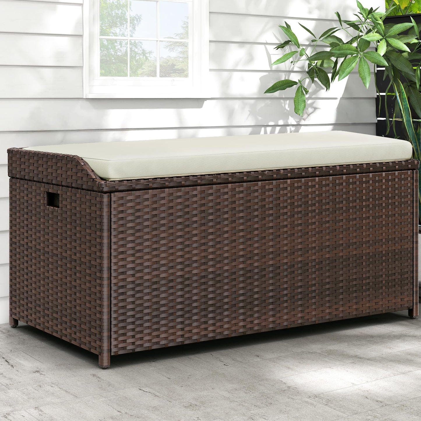 YITAHOME Outdoor Storage Bench, 70 Gallon PE Rattan Patio Storage Bench w/Handles and Soft Cushion,Outdoor Storage Box for Patio, Yard, Lawn, Garden