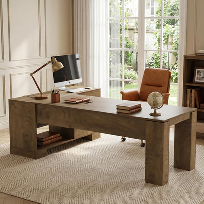 LITTLE TREE 78.7" L Shaped Office Desk with Drawers, Executive Computer Desk with Open Shelves Storage, Farmhouse Large Wooden L Desks Business Furniture, Brown