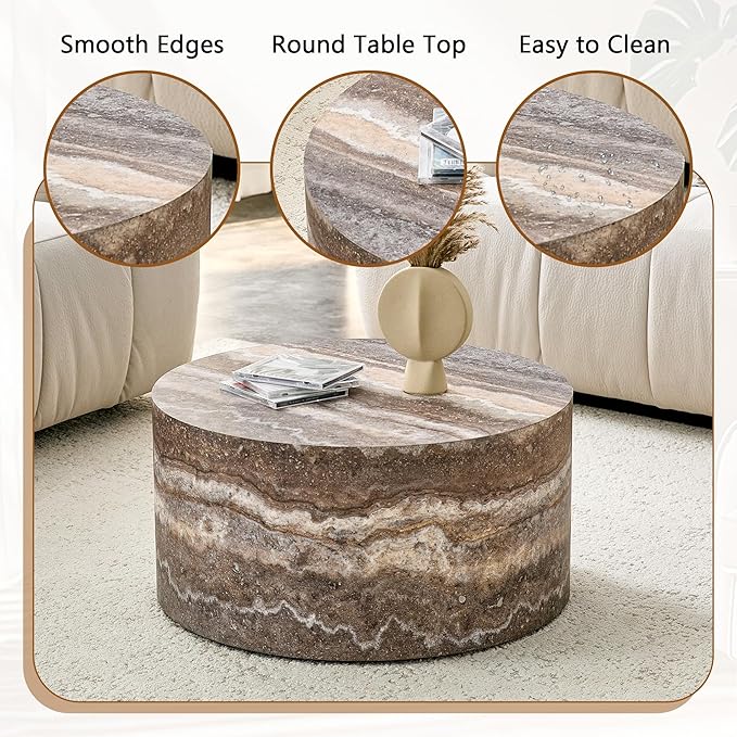 Round Coffee Table, 23.6" Modern Grey Faux Marble Drum Coffee Table, Round