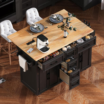 Trygoal Kitchen Island with Power Outlet and Drop Leaf, 56.5" Rolling Kitchen Cart on Wheels with 5 Drawers & 4 Soft-Closing Doors, Mobile Kitchen Island with Embossed Stripe for Dining Room, Black