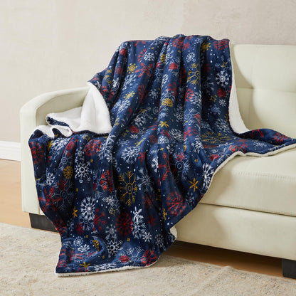 Fleece/Sherpa Christmas Throw - Super Soft Holiday Printed Blanket for Couch, Chair, or Bed - Cozy, Luxurious Plush - 50" x 60", New Snowflake