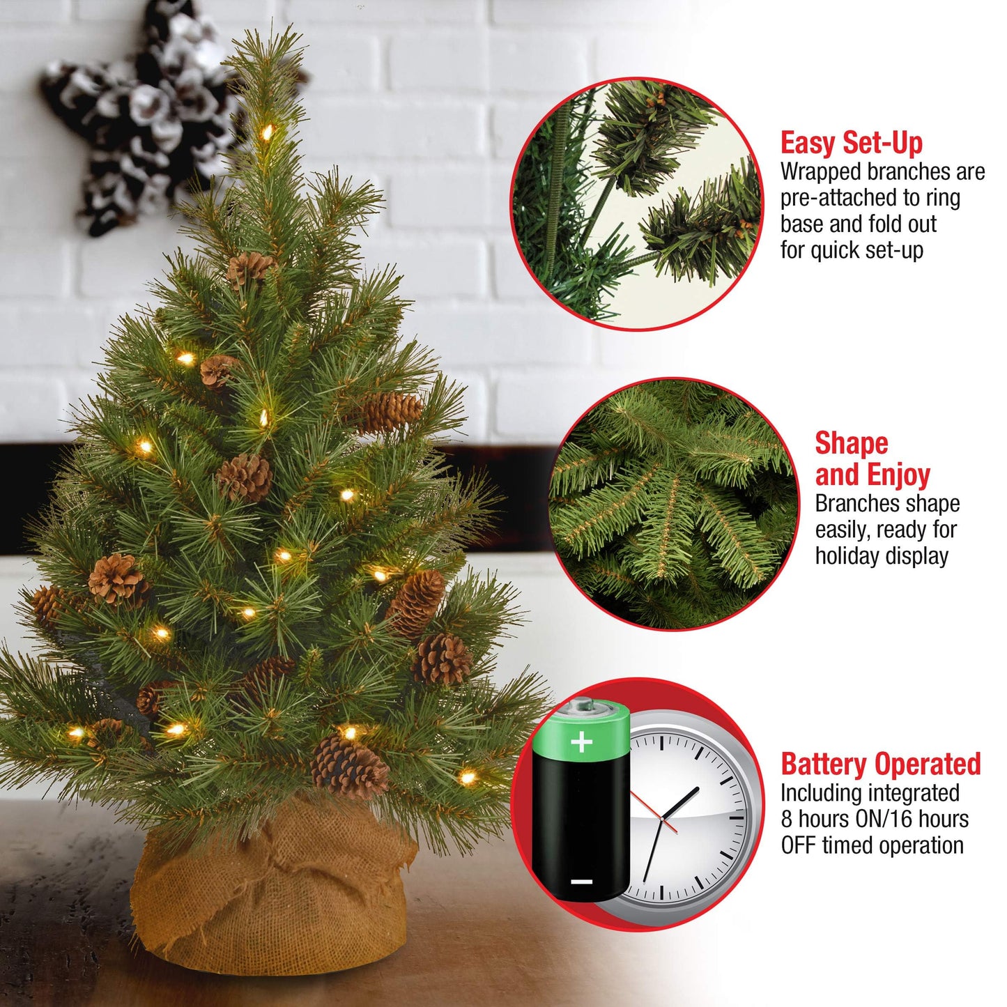 National Tree Company 3 ft Pre-Lit Mini Artificial Christmas Tree, Pinecones, 35 Clear LED Lights, 144 Tips, Timer, Burlap Base, Green