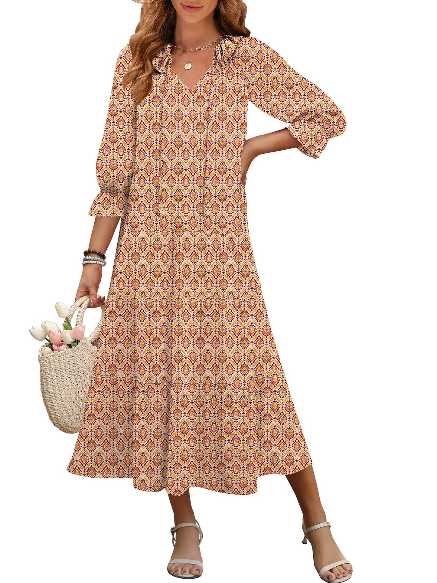 ANRABESS Women's Boho Maxi Dresses 2025 Summer Casual V Neck Puff Sleeve Floral Tiered Flowy Swing Beach Vacation Long Dress