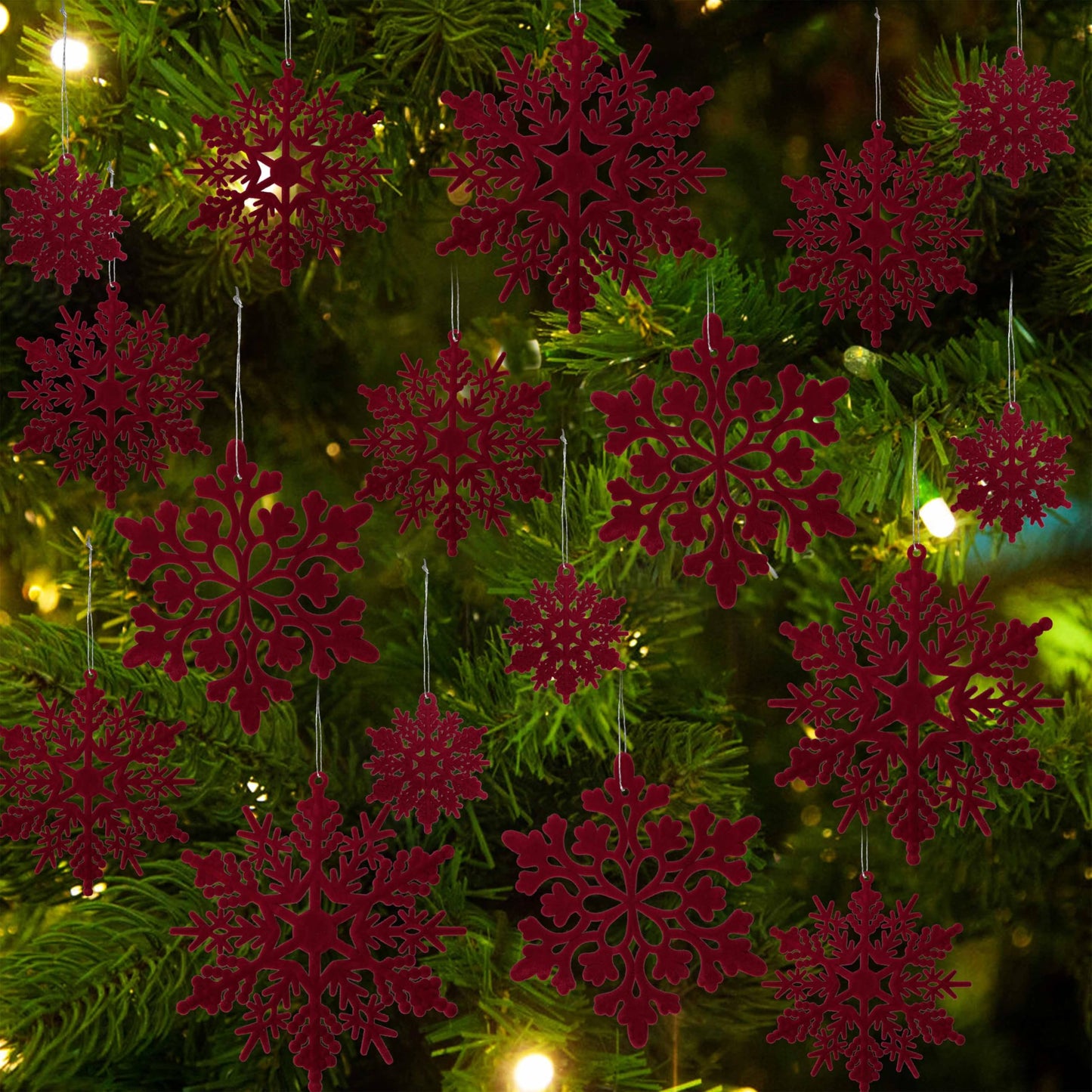 36pcs Wine Red Flocked Christmas Snowflake Ornaments, Hanging Velvet Snow Flakes for Christmas Tree Decorations Winter Wonderland Frozen Birthday Party Holiday Home Decor Craft Snowflakes