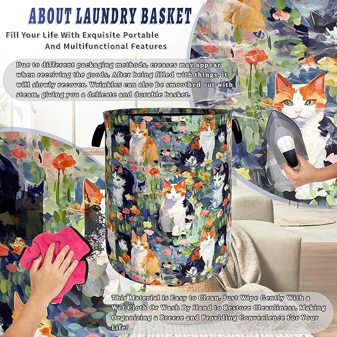 Watercolor Cats Laundry Hamper Foldable Oxford Cloth Cute Animal Cat Laundry