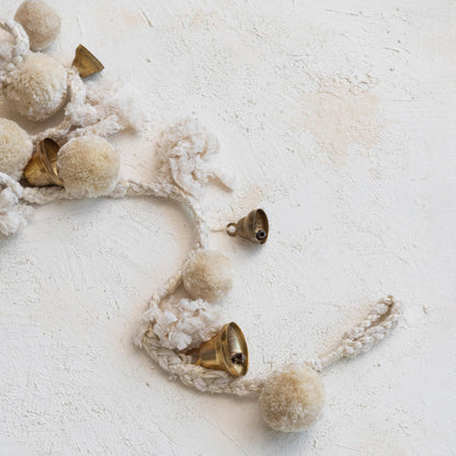 Creative Co-Op Handmade Wool and Cotton Blend Pom Pom and Bell Garland, Natural and Brass Finish