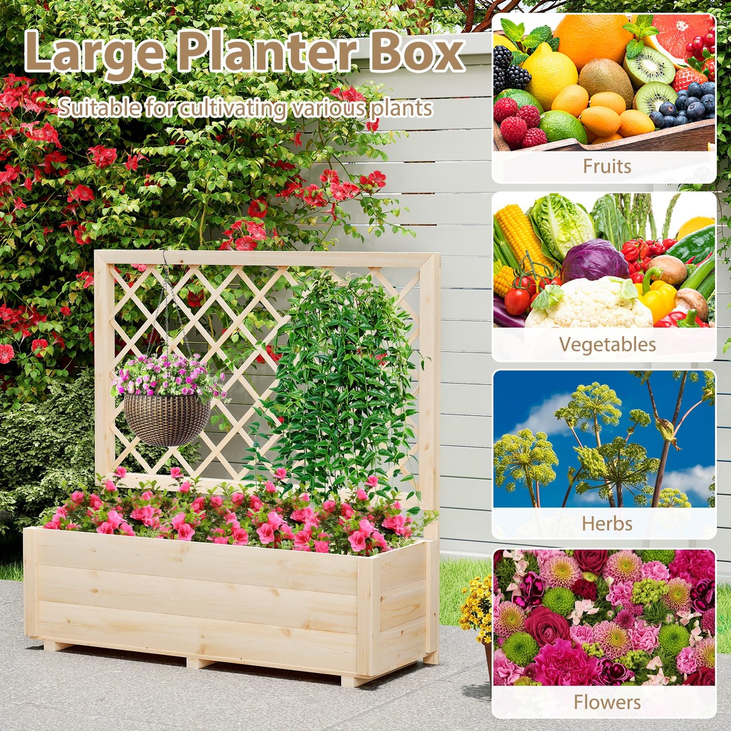 Giantex Raised Garden Bed with Trellis, Drainage Hole, Wood Elevated Planter Box for Climbing Vine Flower Herb Vegetable Fruit, Planting Container for Indoor Outdoor Patio Balcony (39”x14”x40”)