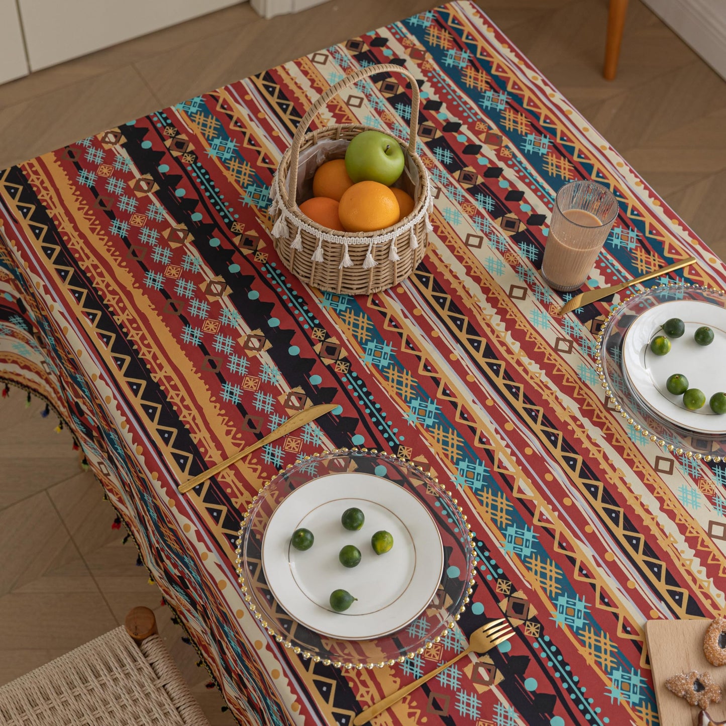 Erbnaryx Handblock Print Tablecloth for Square Tables, Red Table Cover with Fringed Edges, Decorative Tablecloth for Kitchen and Dining Room,59"x 102"